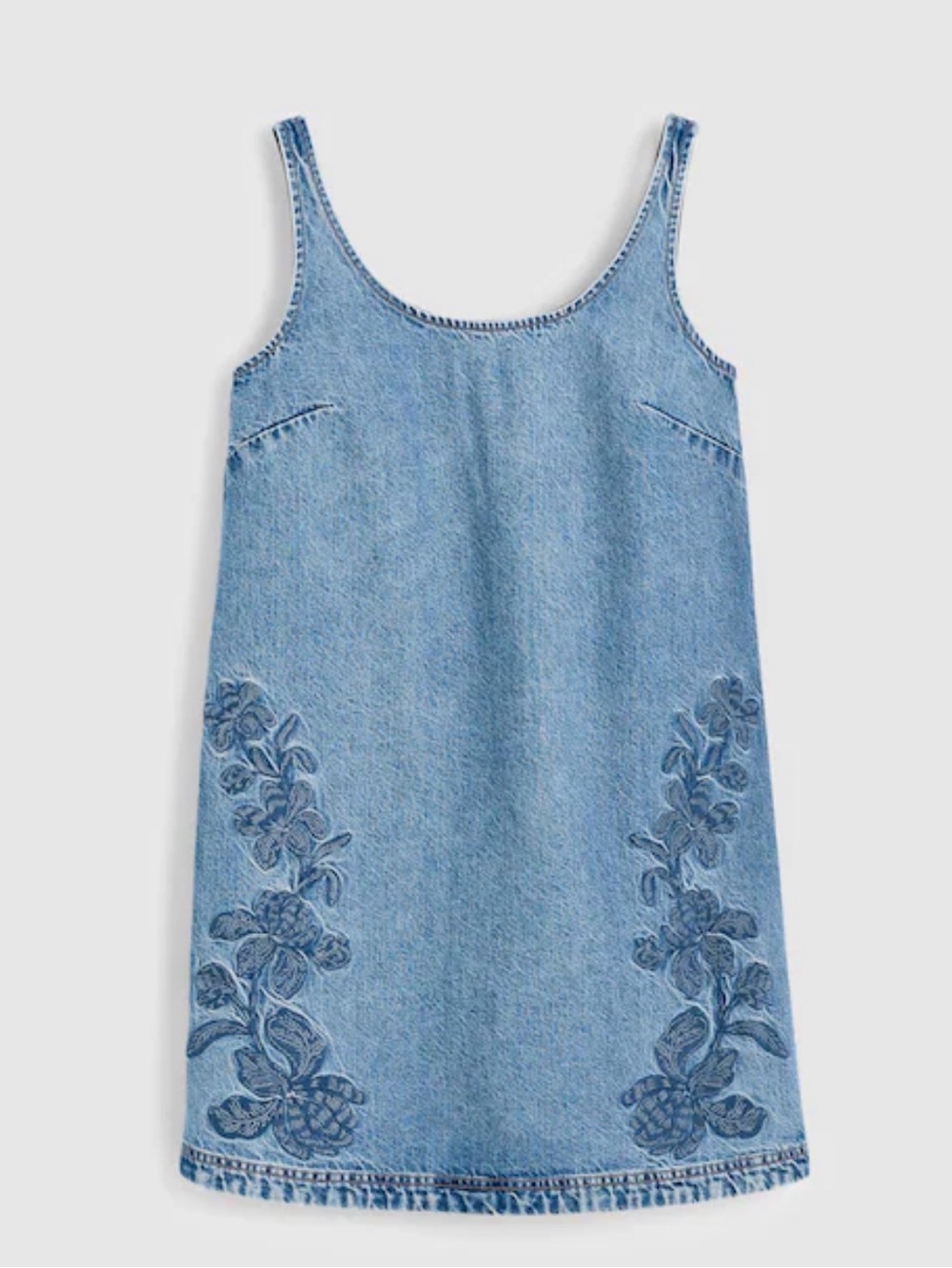 Madewell Light Blue Denim Tank Dress with Floral Embroidery